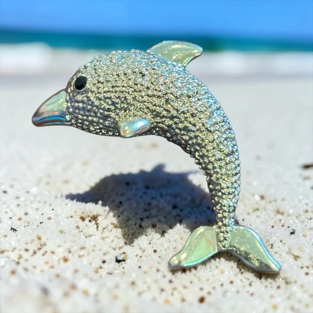 Vintage Leaping Dolphin Brooch Textured Silver Tone Ocean Coastal Nautical Pin